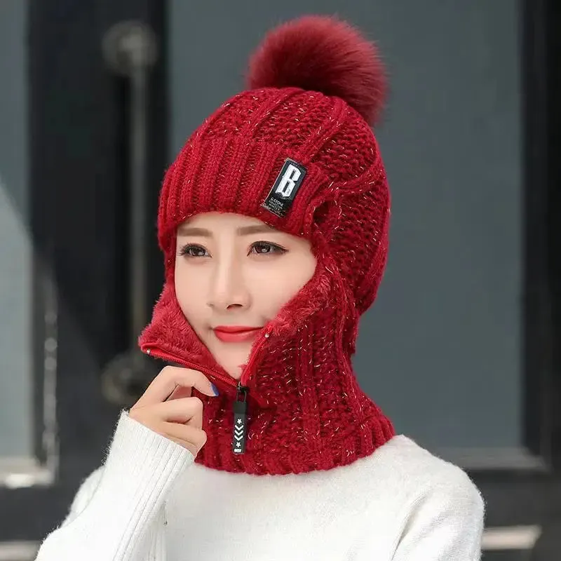 1pcs Warm Hat Knitting Plus Fleece Hair Five Gold Zipper Ear Protection Riding Cap