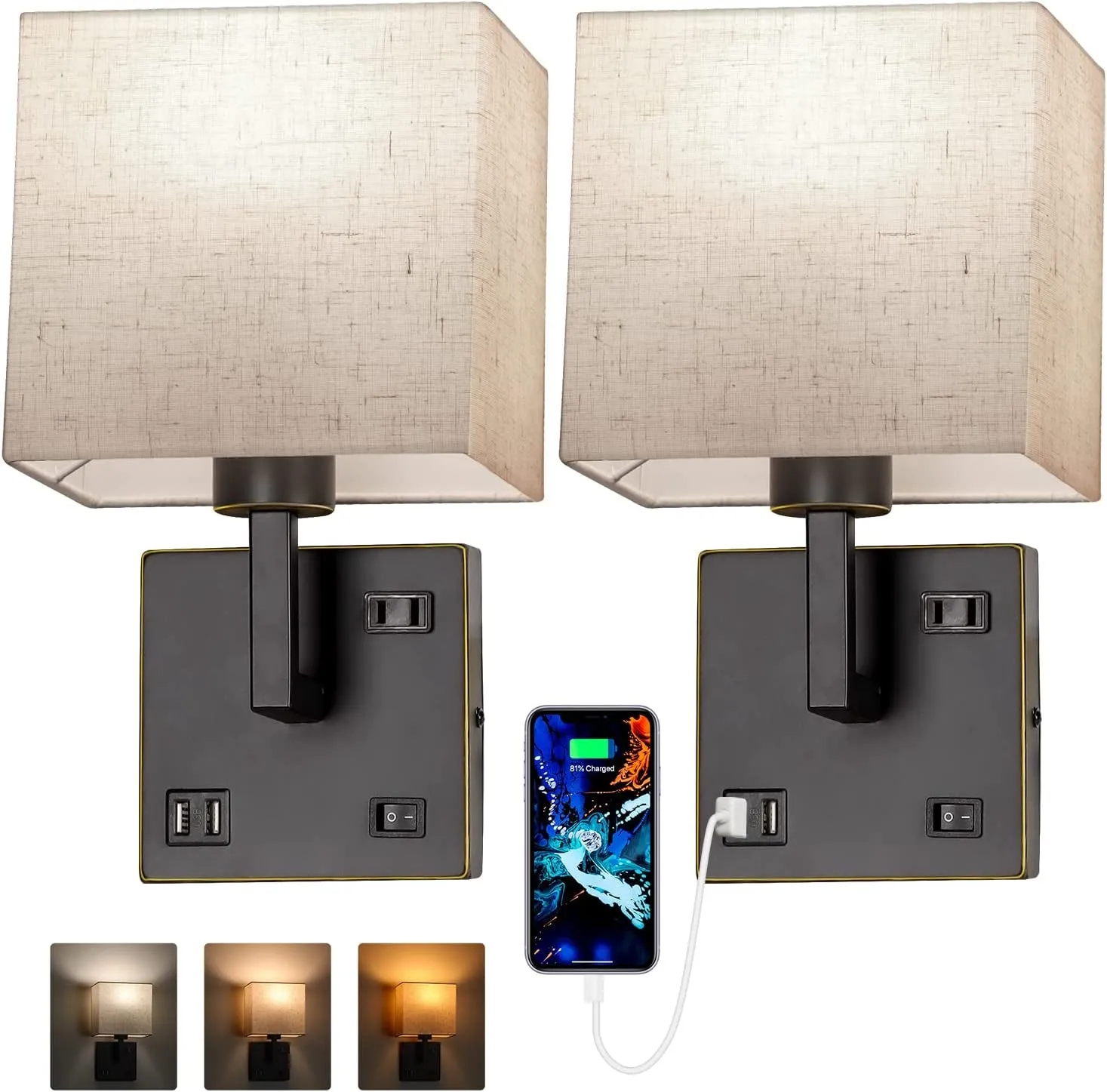 3 Color Temperature 2700K/4000K/5000K, Fabric Linen Shade Wall Lamps