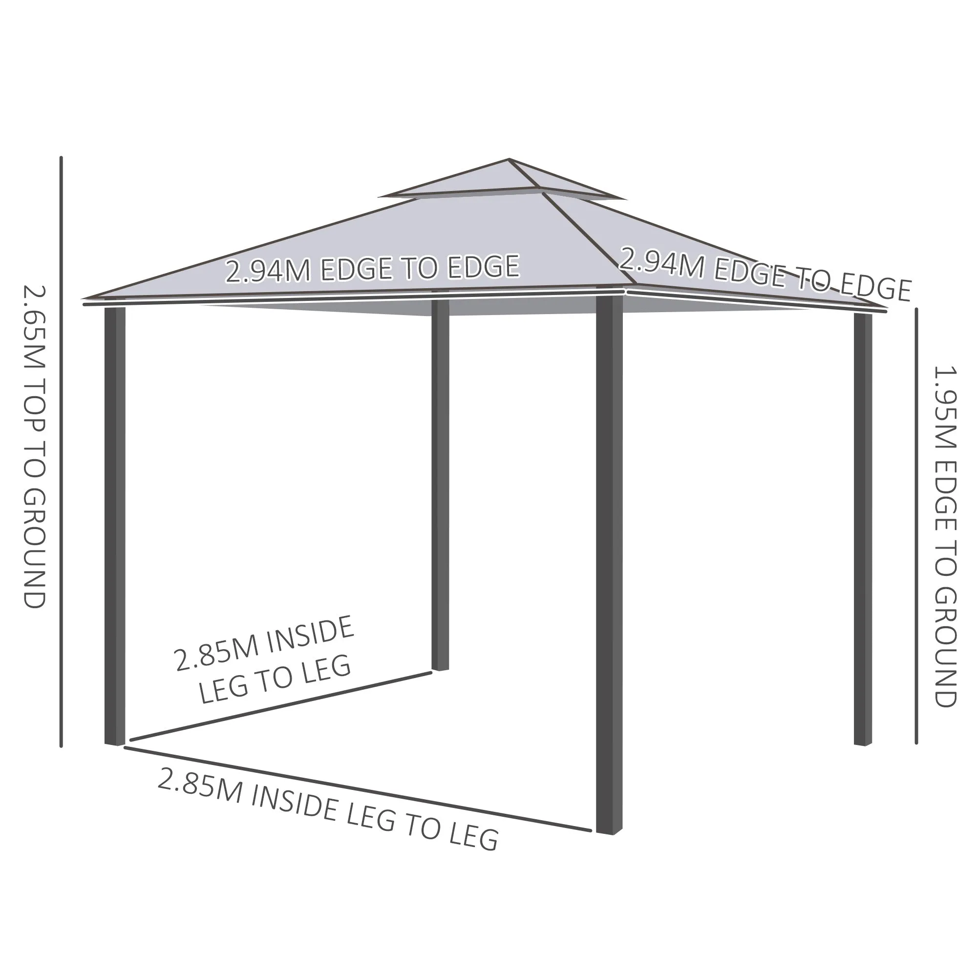 3 x 3 Meter Metal Gazebo Garden Outdoor 2-tier Roof Marquee Party Tent Canopy Pavillion Patio Shelter with Netting - Grey