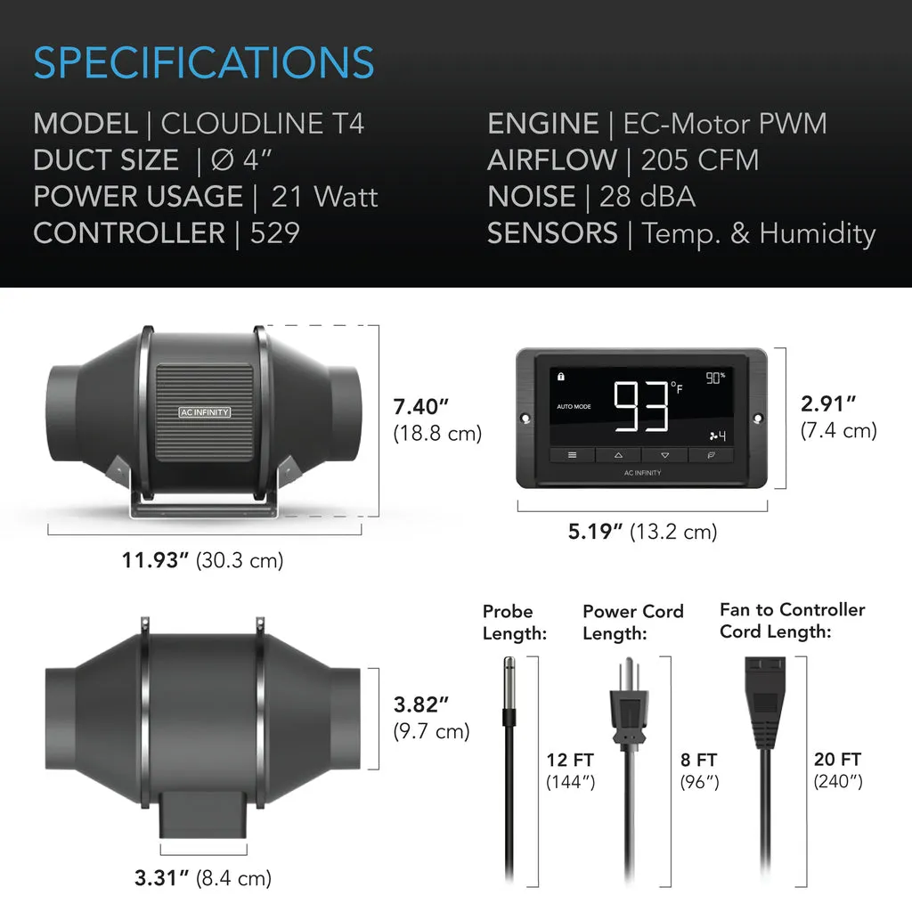 AC Infinity Cloudline T4 Inline Duct Fan System w/ Temperature and Humidity Controller - 4"