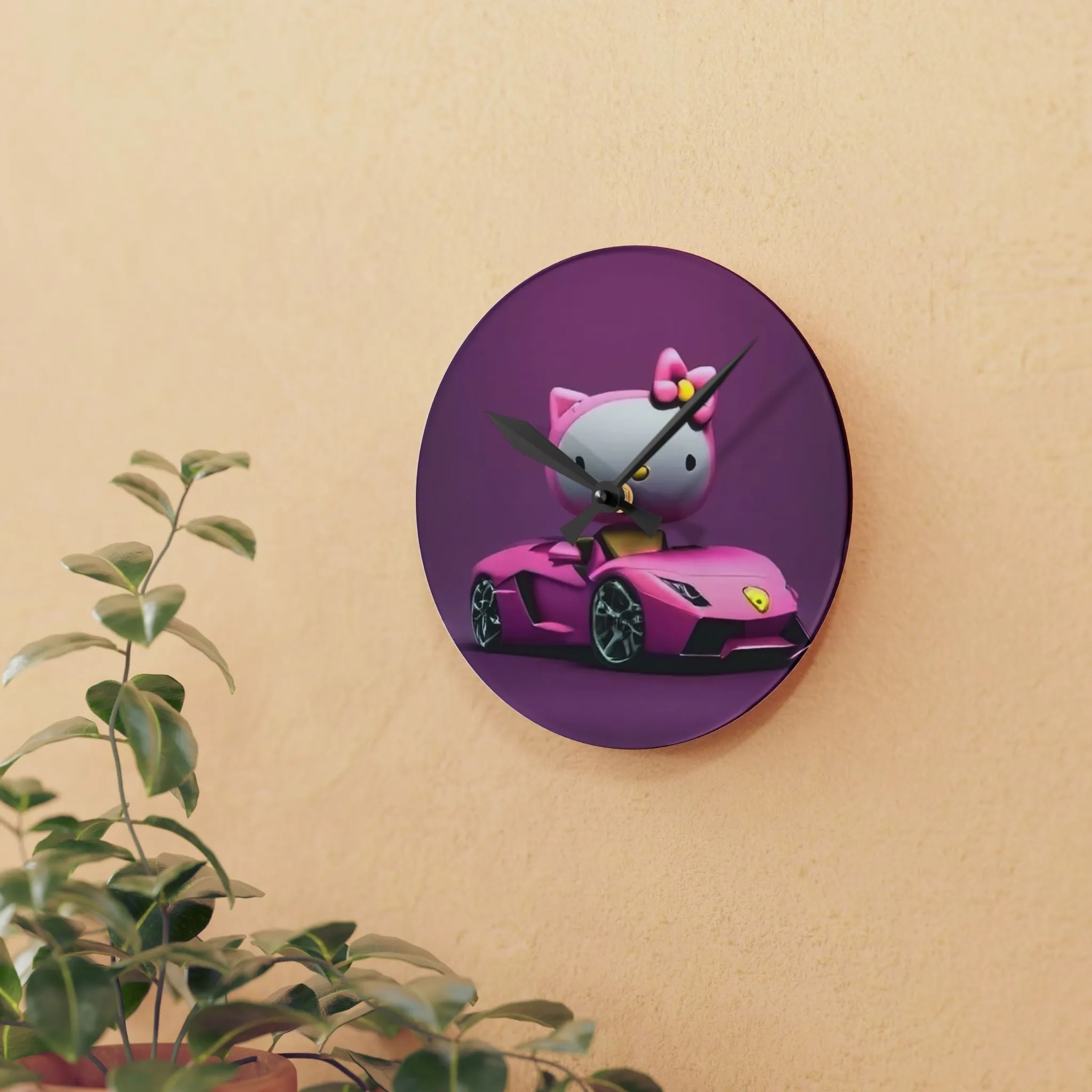 Acrylic Wall Clock-Hello Kitty Pink/Purple w/ Car