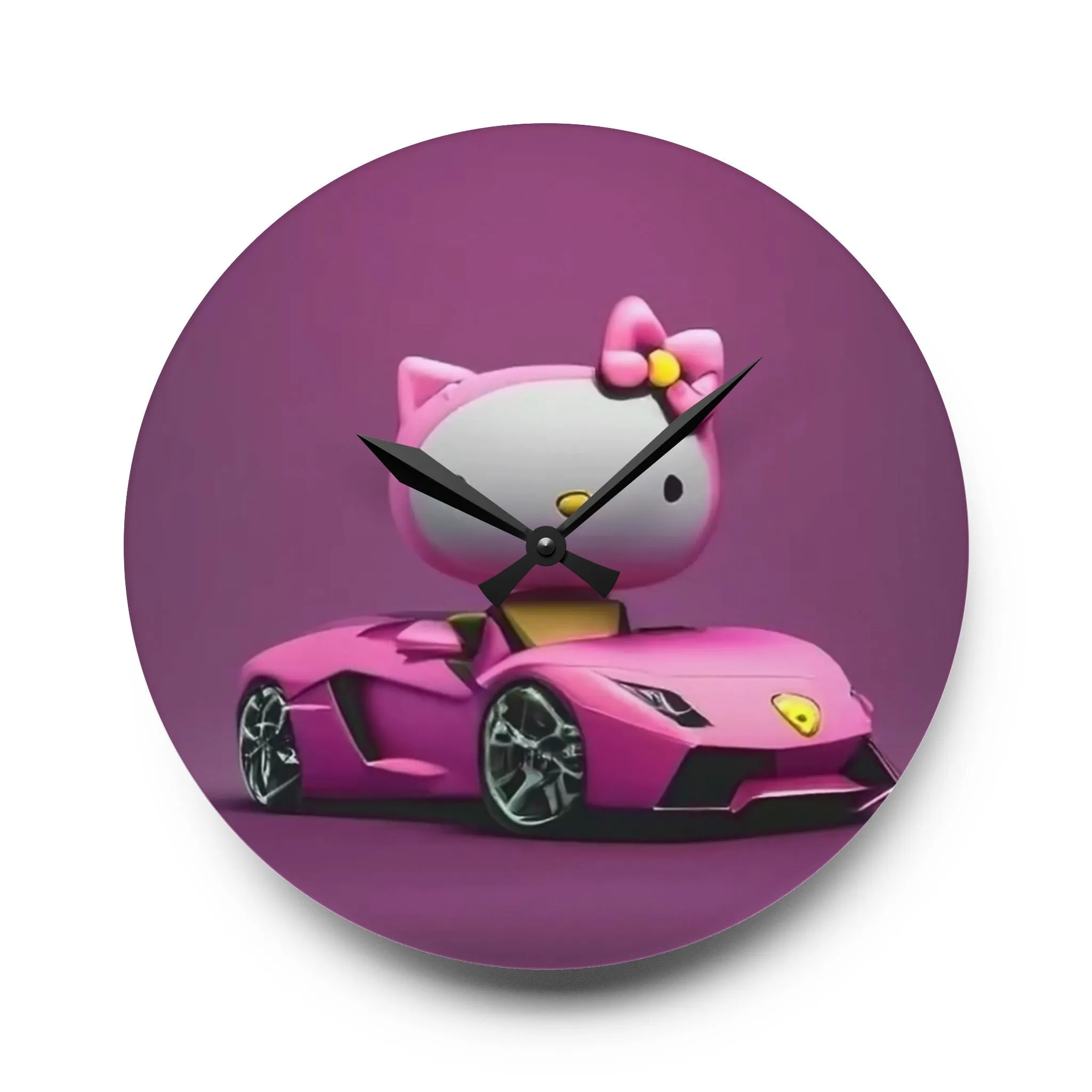 Acrylic Wall Clock-Hello Kitty Pink/Purple w/ Car