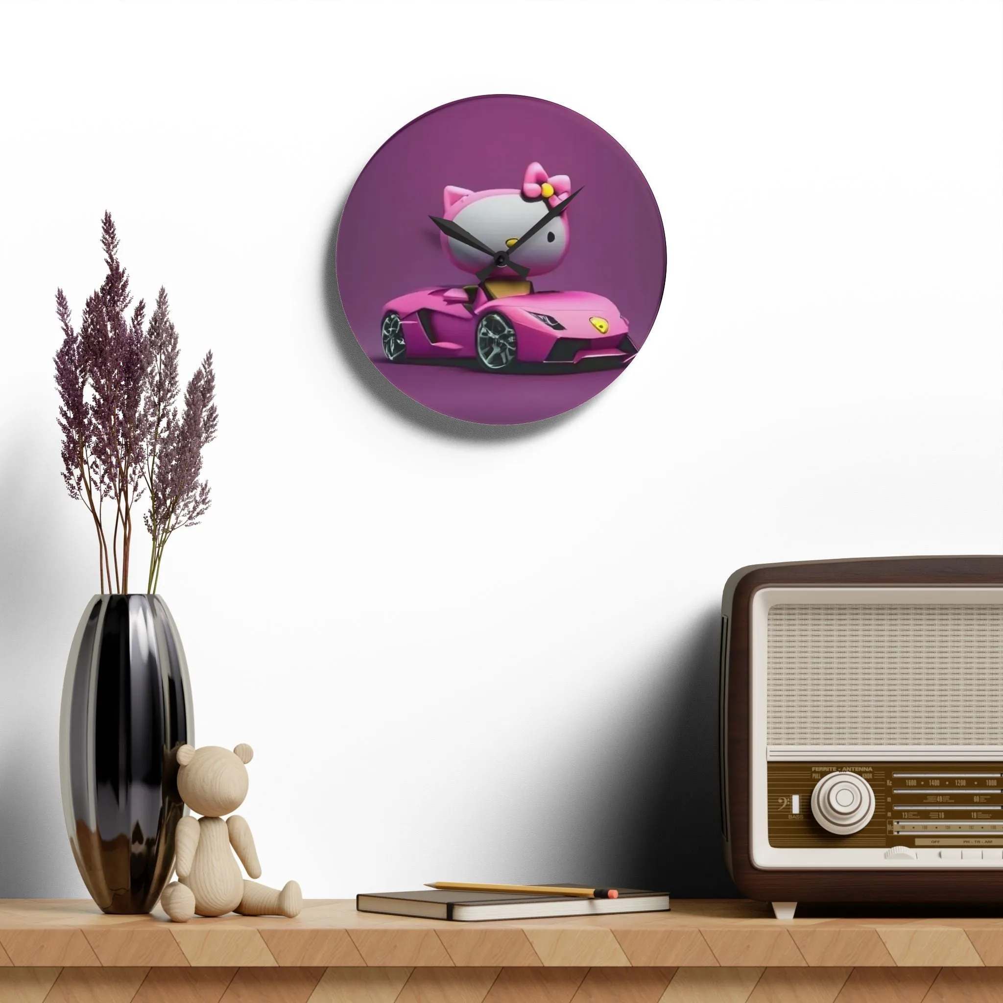 Acrylic Wall Clock-Hello Kitty Pink/Purple w/ Car