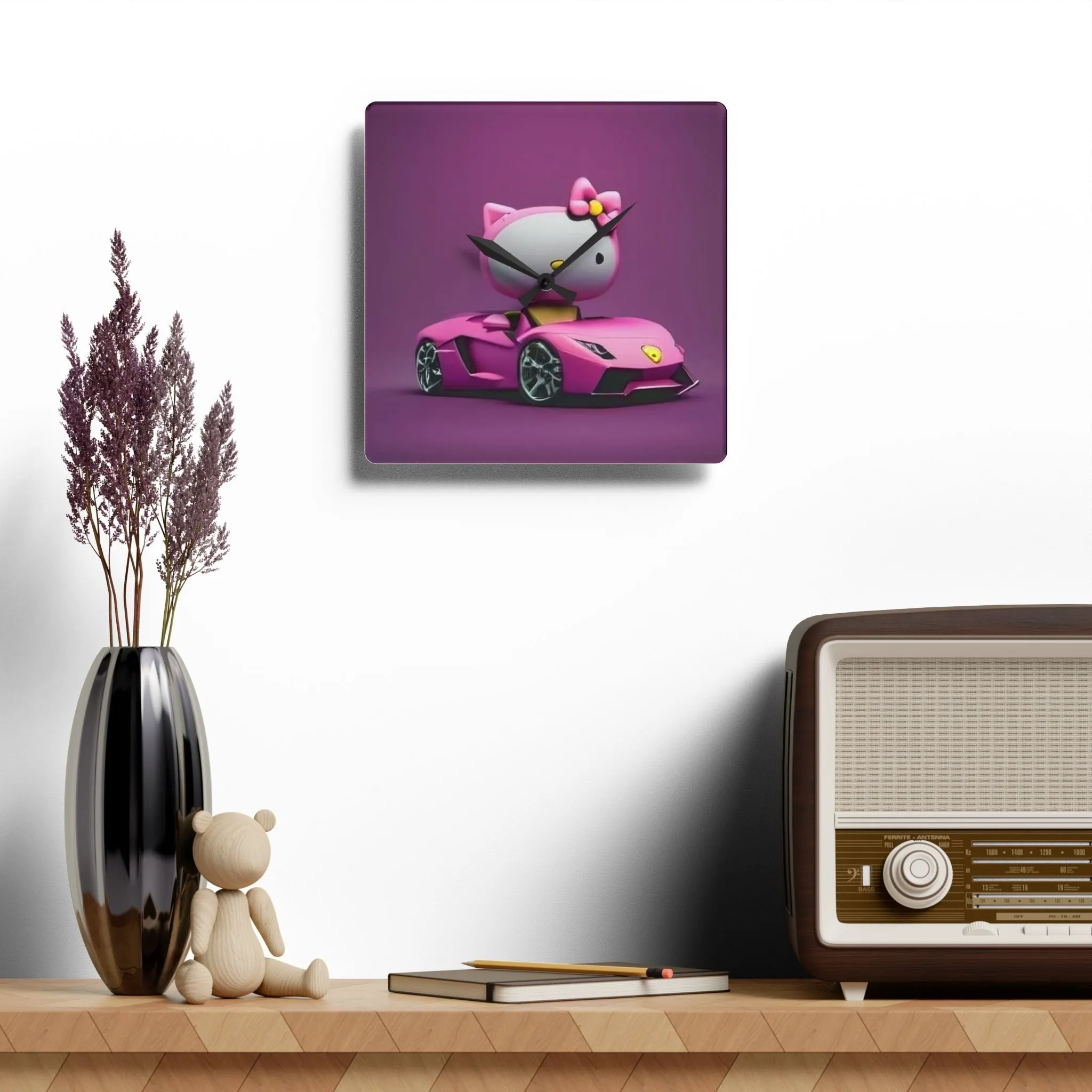 Acrylic Wall Clock-Hello Kitty Pink/Purple w/ Car