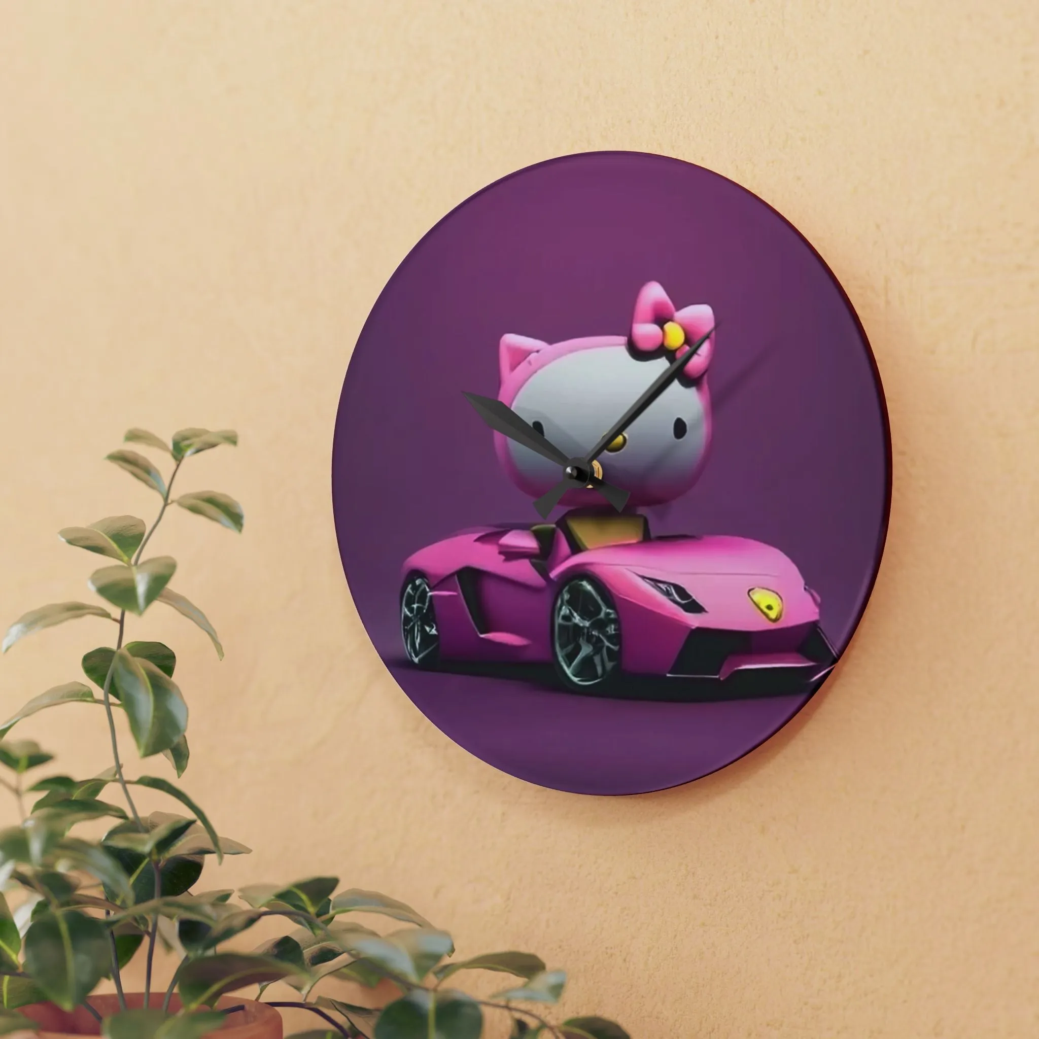 Acrylic Wall Clock-Hello Kitty Pink/Purple w/ Car