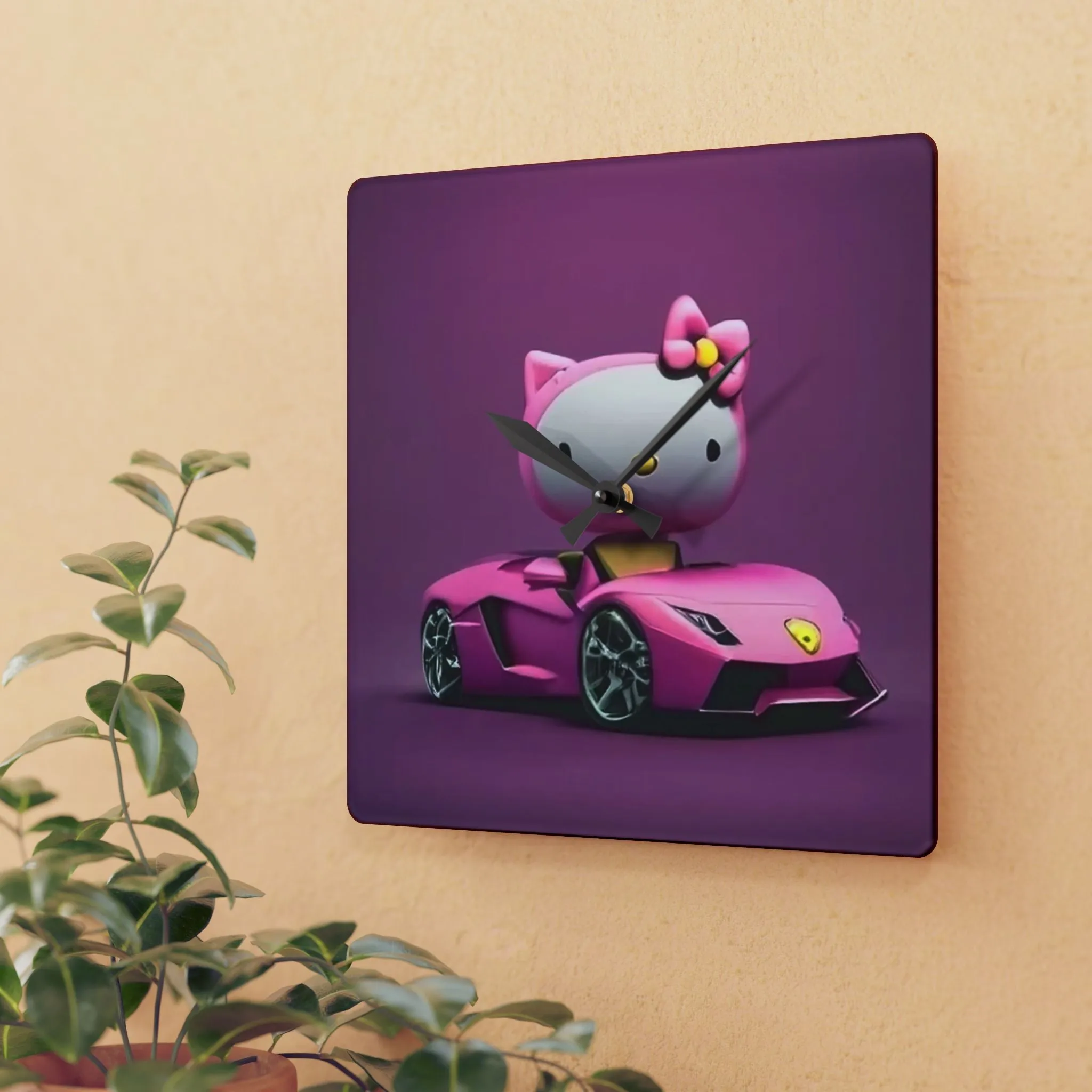 Acrylic Wall Clock-Hello Kitty Pink/Purple w/ Car