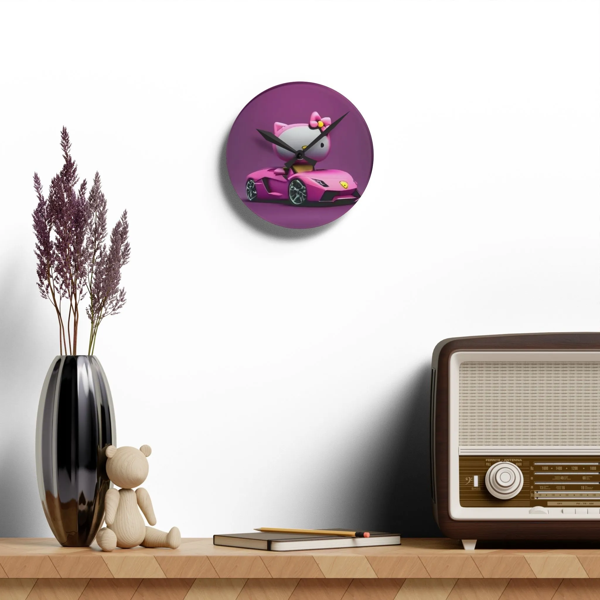 Acrylic Wall Clock-Hello Kitty Pink/Purple w/ Car