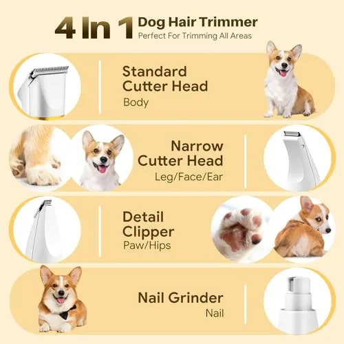 AIBORS Small Dog Grooming Kit, 4 in 1 Electric Cordless Dog Paw Trimmer with Nail Grinder, Low Noise Dog Nail Trimmers, IPX7 Waterproof Small Dog Grooming Clippers for Paws, Ears, Face, Hip Hairl