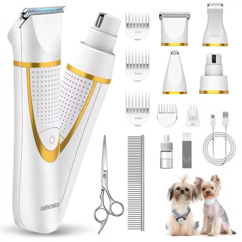 AIBORS Small Dog Grooming Kit, 4 in 1 Electric Cordless Dog Paw Trimmer with Nail Grinder, Low Noise Dog Nail Trimmers, IPX7 Waterproof Small Dog Grooming Clippers for Paws, Ears, Face, Hip Hairl