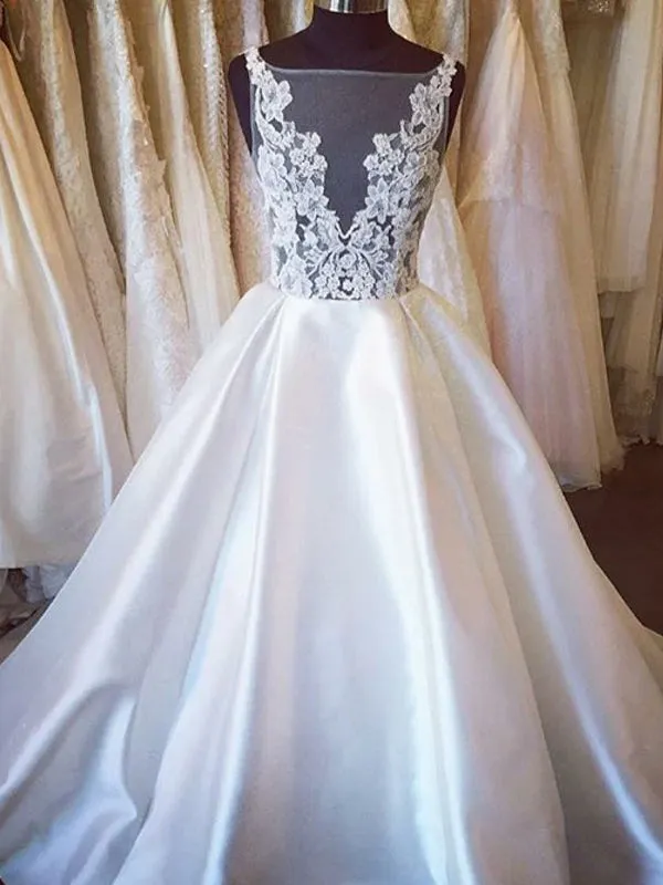 Ball Gown Wedding Dresses Vneck Open Back Sweep Train Lace Big Bridal Gown JKW187