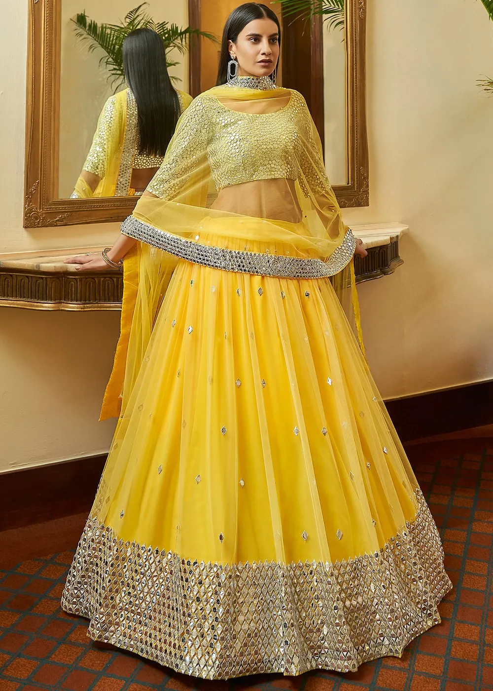 Beautiful Navratri Special Yellow Color Designer Lehenga Choli with Mirror Work