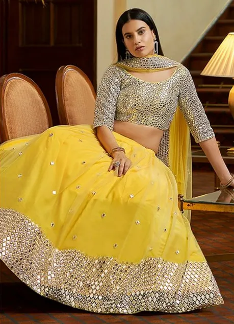 Beautiful Navratri Special Yellow Color Designer Lehenga Choli with Mirror Work