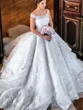 Beautiful Wedding Dresses Ball Gown Off-the-shoulder Lace Big White Bridal Gown JKW198