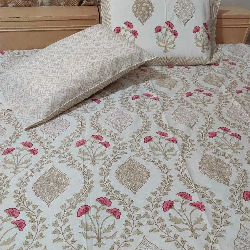 BEIGE NESTED PINK FLOWER BED SHEET