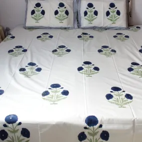 BLUE POPPY HAND BLOCK BED-SHEET