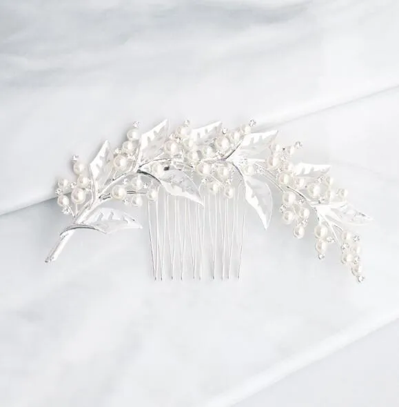 Bridal Hair Accessories Silver/Gold/Rose Gold Wedding Hair Comb with Pearl Beaded Leaves Hair Jewelry