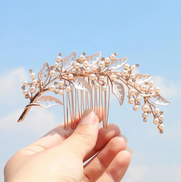 Bridal Hair Accessories Silver/Gold/Rose Gold Wedding Hair Comb with Pearl Beaded Leaves Hair Jewelry