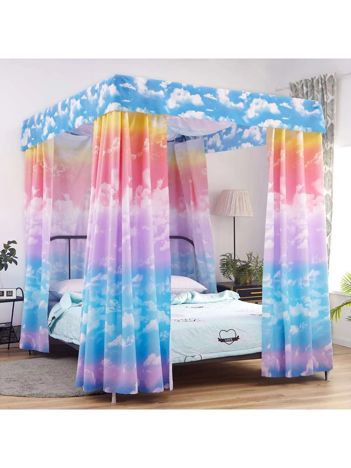 Canopy Bed Curtains for Girls, Cloud Sky Rainbow Pattern Princess Bed Curtains