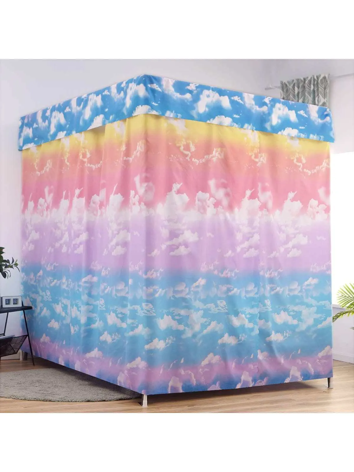 Canopy Bed Curtains for Girls, Cloud Sky Rainbow Pattern Princess Bed Curtains