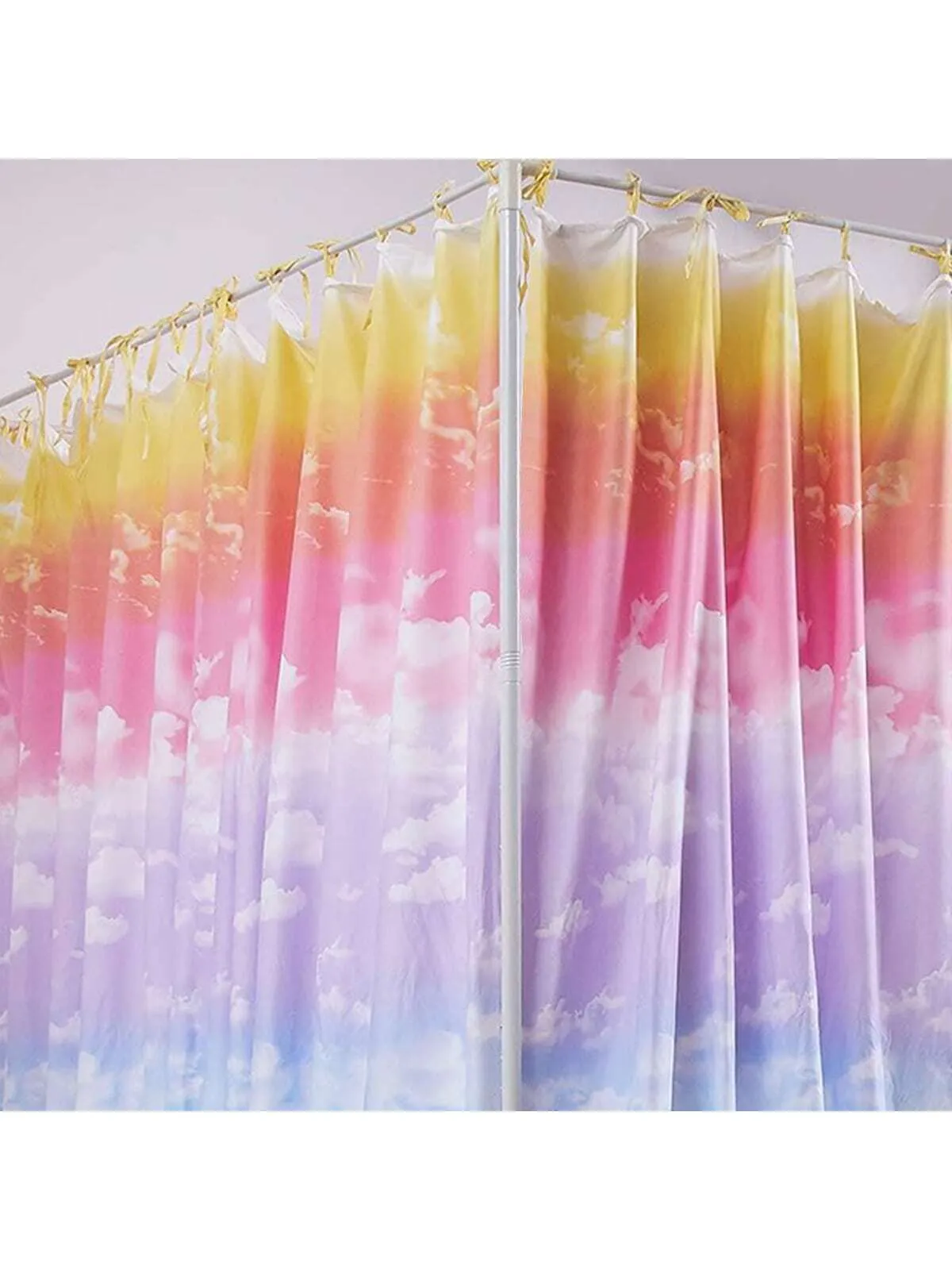 Canopy Bed Curtains for Girls, Cloud Sky Rainbow Pattern Princess Bed Curtains