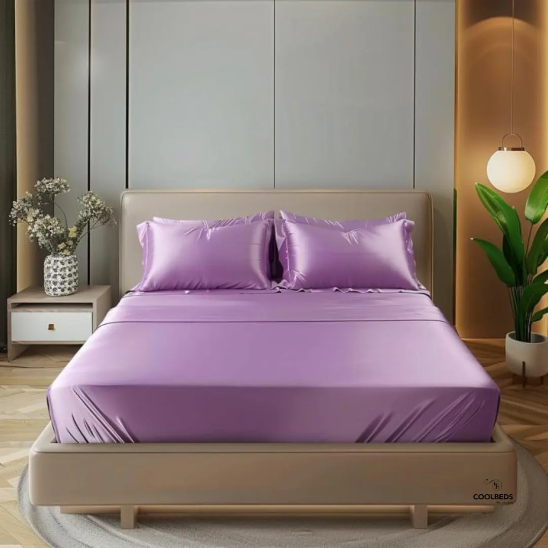 COOLBEDS Satin Bedsheet for Double Bed Elastic Fitted - Bedsheet for Double Bed - Double Bedsheet with 2 Pillow Covers - Satin Bedsheet - Elastic Bedsheet - 400 Thread Count - 203 x 152 cms (Lavendar)