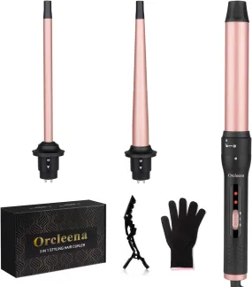 Curling Wand 3 in 1 Mermaid Hair Curler Ceramic Curling Tongs Iron Set for Long Thick Thin Hair Interchangeable Barrels Beach Waves Styling Tools with Glove (Rose Gold)