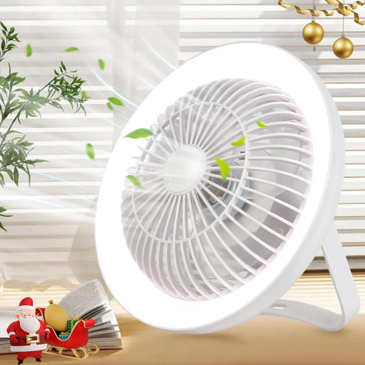 Depuley Rechargeable USB Desk Fan 4000mAH, Portable Fan with LED Light, 8" Tabletop Air Circulator Fan with 3 Speeds, Personal Desk Fan with Hanging Hook for Tent, Office