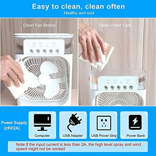 Device- Portable Air Conditioner Fan, Personal Mini Small Evaporative Air Cooler Cool Mist Humidifier with 7 Colors LED Light, 1/2/3 H Timer, 3 Speeds & 3 Spray Modes for Room Office Home Travel