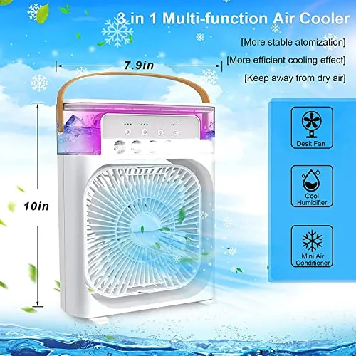 Device- Portable Air Conditioner Fan, Personal Mini Small Evaporative Air Cooler Cool Mist Humidifier with 7 Colors LED Light, 1/2/3 H Timer, 3 Speeds & 3 Spray Modes for Room Office Home Travel