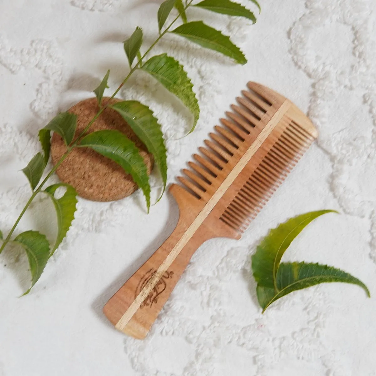 Double Sided Neem Wood Comb with Handle