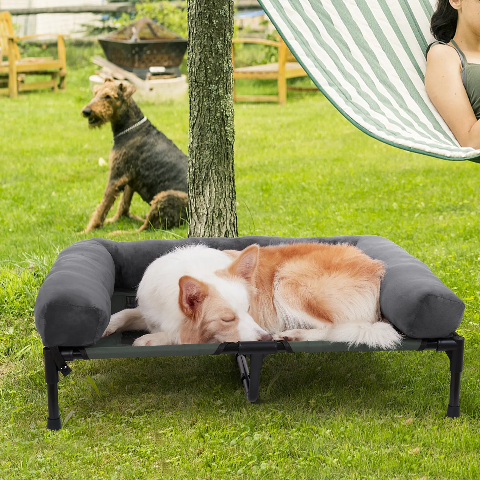 Elevated Dog Bed with Detachable Plush Bolster Outdoor Summer Cooling Raised Dogs Pet Lounger Bed Mesh Cot Bedding