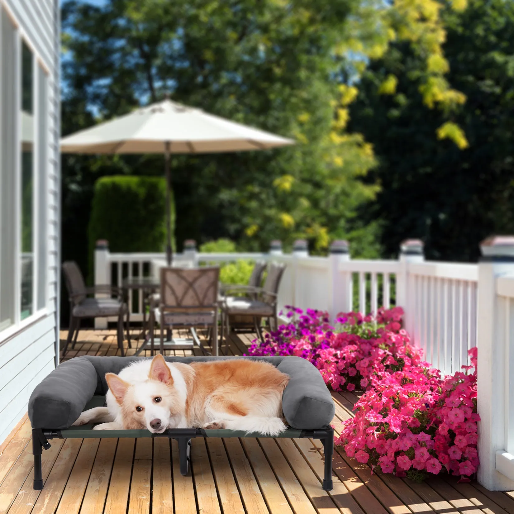 Elevated Dog Bed with Detachable Plush Bolster Outdoor Summer Cooling Raised Dogs Pet Lounger Bed Mesh Cot Bedding