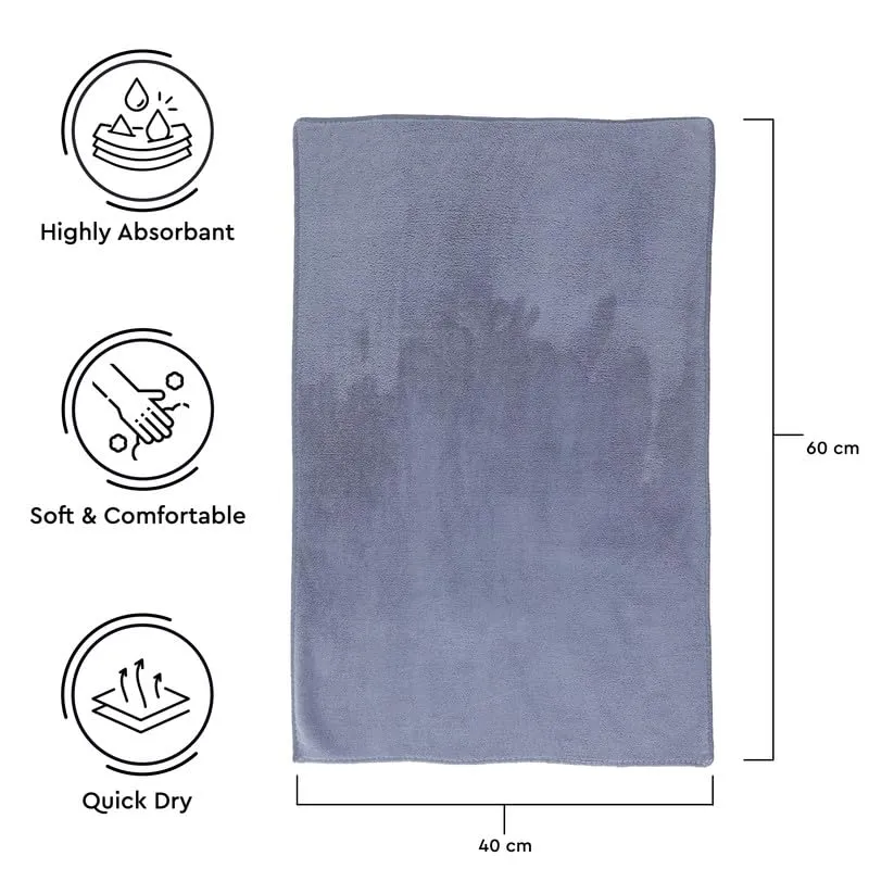 Encasa Microber Face Towel (40x60 cm) 400 GSM - Super Absorbent, Quick-Dry, Gentle on Skin, Super-Soft for Everyday Use | Microfiber Face Towel for Women & Men (Grey, Pack of 2)