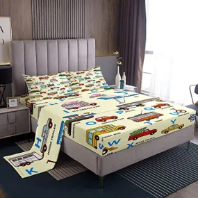 Feelyou Cartoon Car Print Bed Sheet Set Excavator Bedding Set Alphabet Pattern Fitted Sheet Police Car Flat Sheet for Kids Boys Girls Adults 4Pcs with 2 Pillow Case Full Size