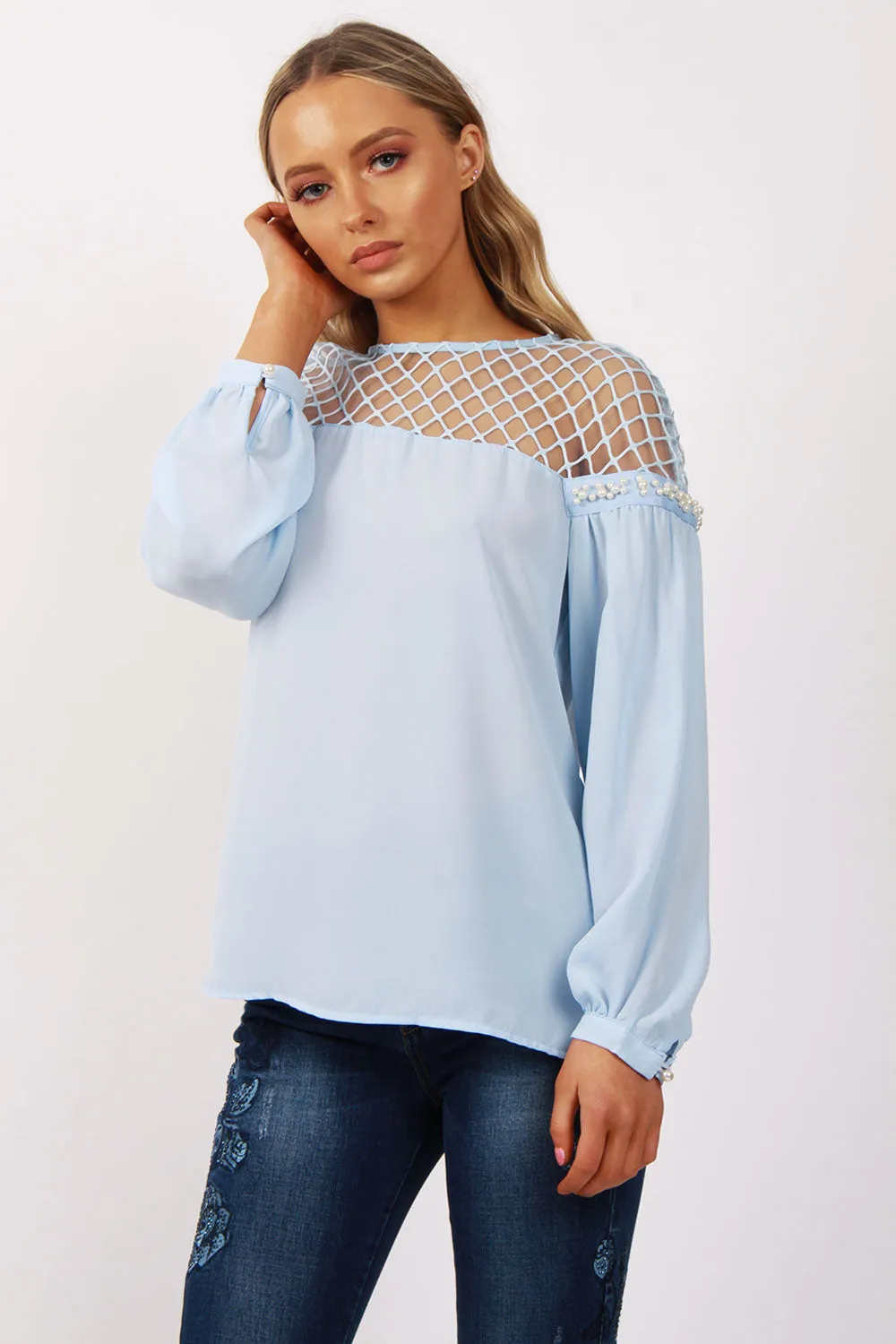 Fish Net Pearl Arm Blouse Top