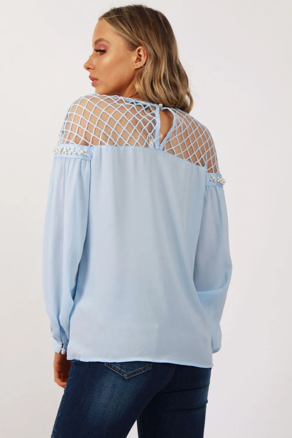 Fish Net Pearl Arm Blouse Top