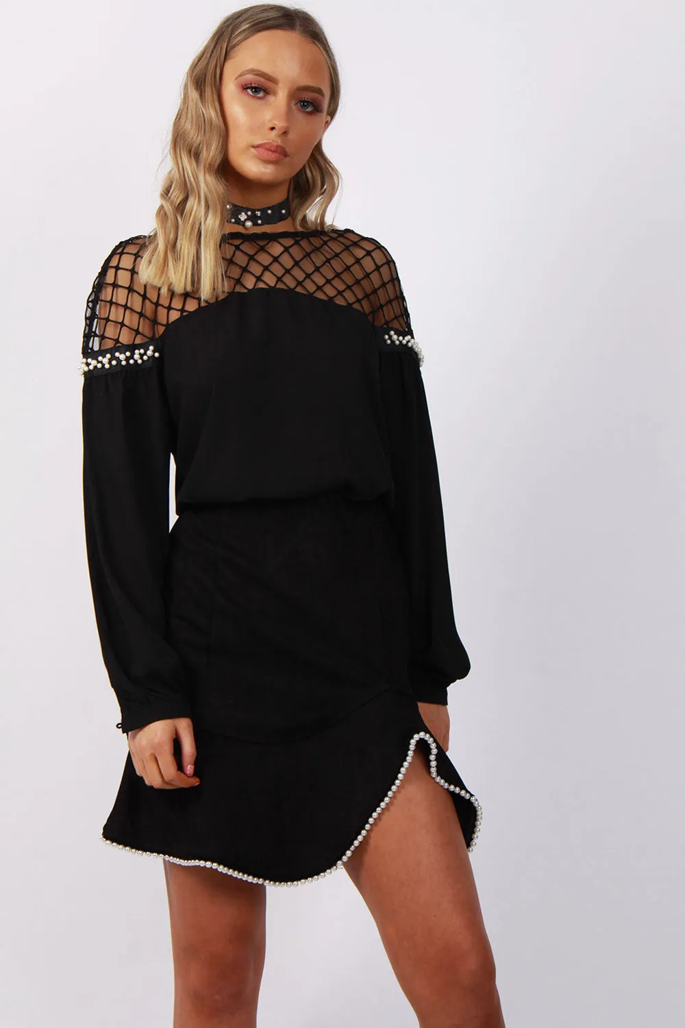 Fish Net Pearl Arm Blouse Top