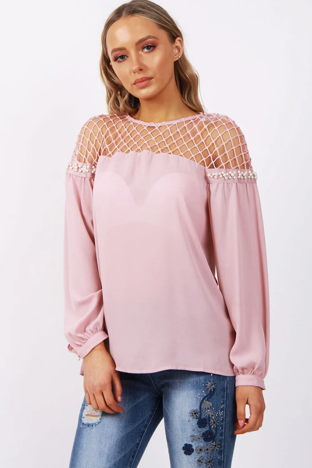 Fish Net Pearl Arm Blouse Top