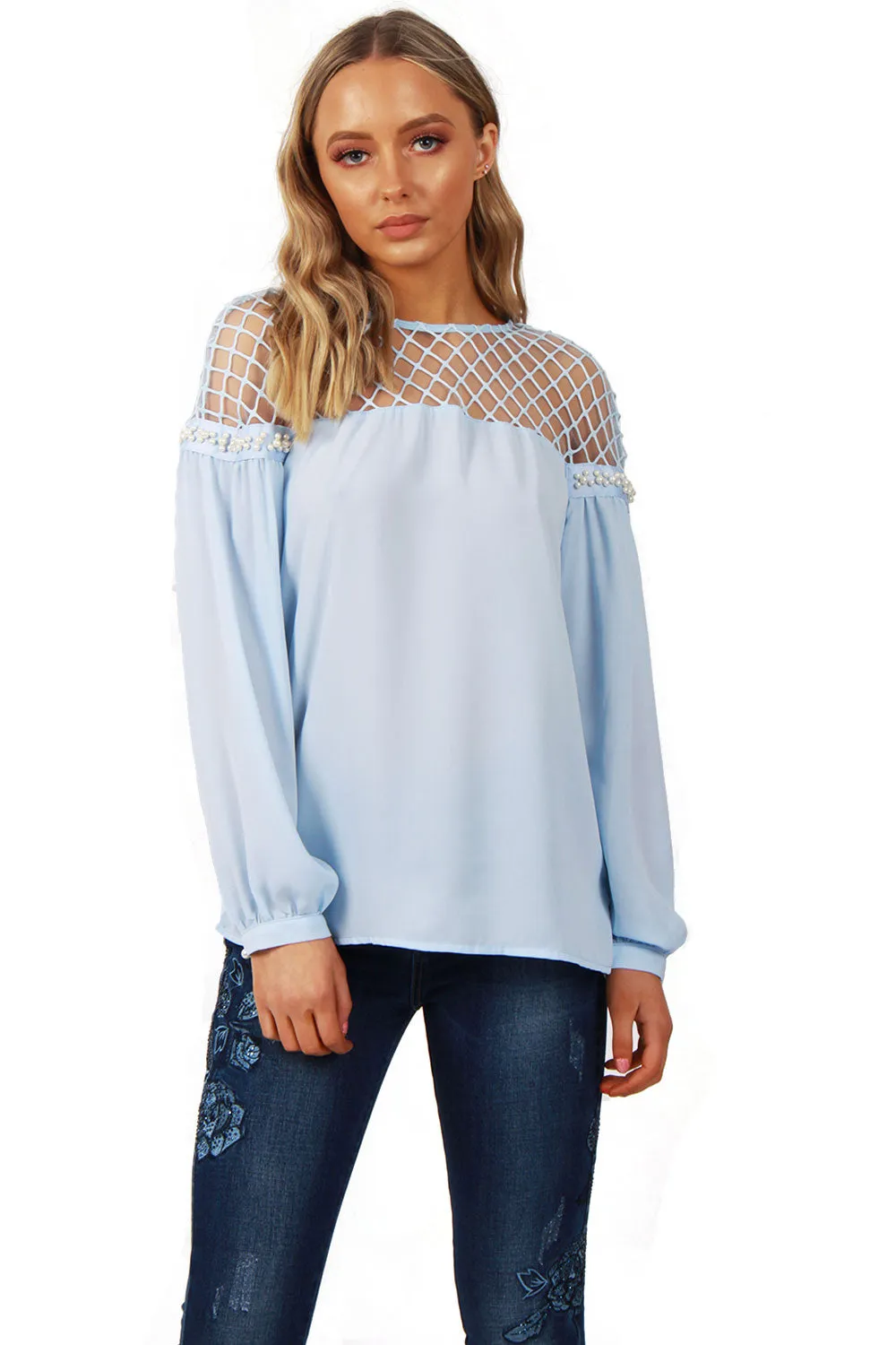 Fish Net Pearl Arm Blouse Top