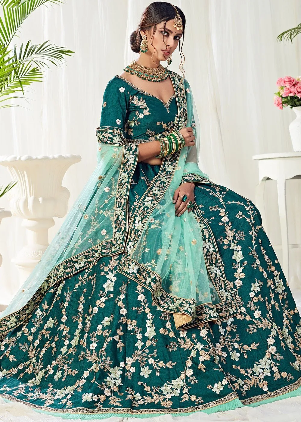 Green Floral Embroidered Art Silk Lehenga Choli