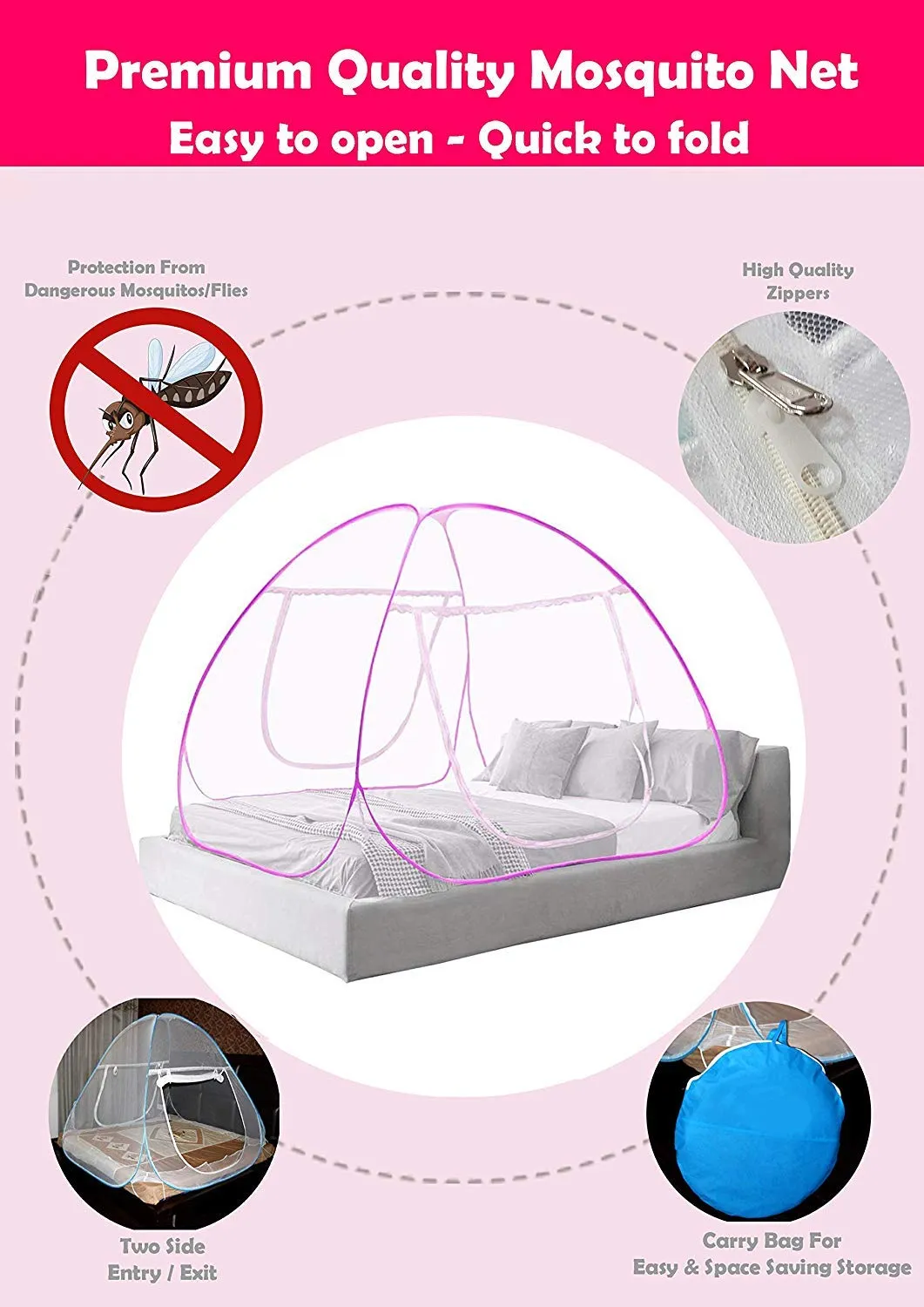 Heart Home Foldable Mosquito Net/Machhardani - Single Bed,6.5 Ft X 4 Ft (Pink), King (F_26_HEARTH016878)