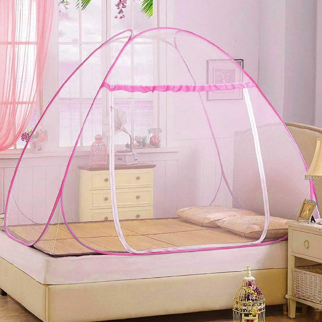 Heart Home Foldable Mosquito Net/Machhardani - Single Bed,6.5 Ft X 4 Ft (Pink), King (F_26_HEARTH016878)