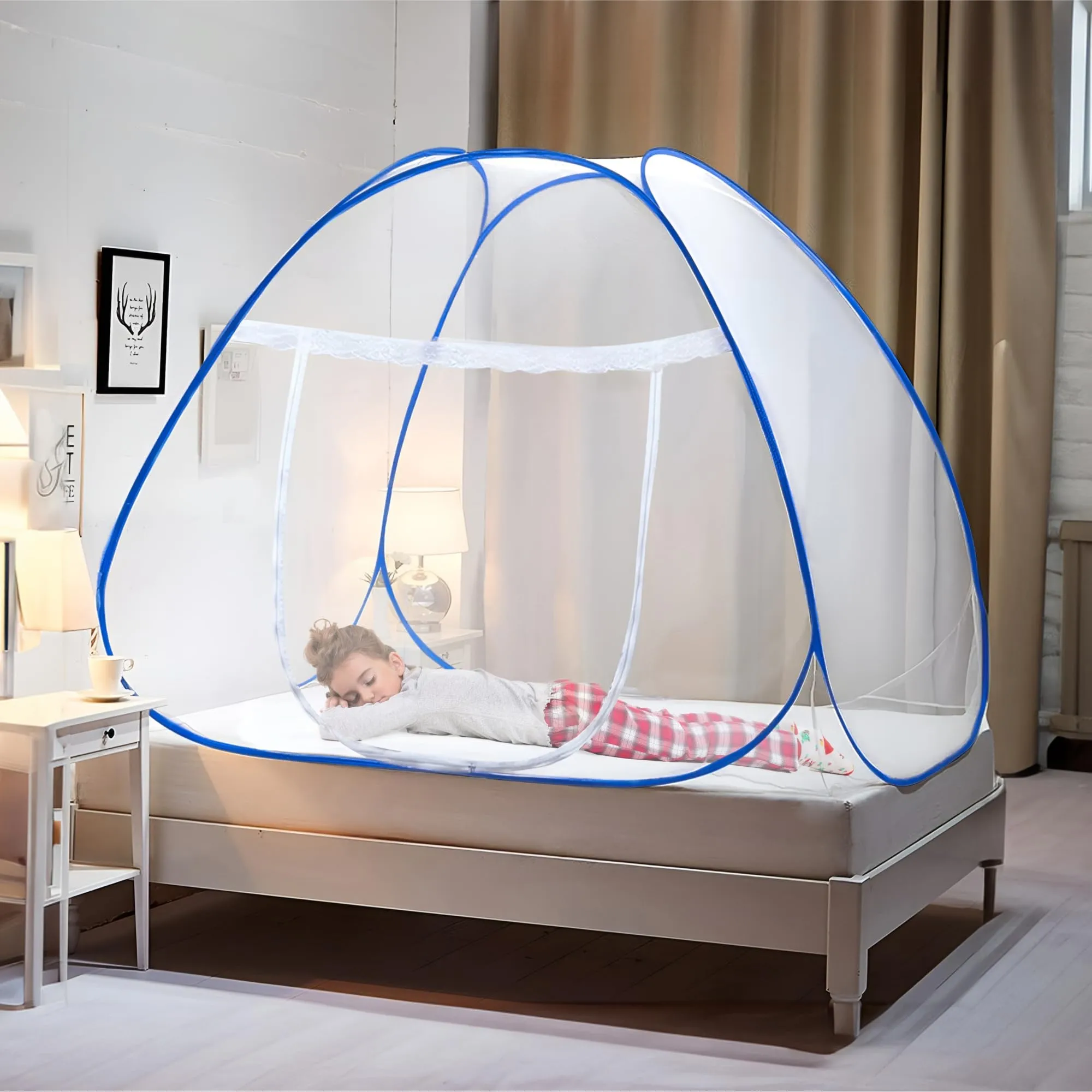 Heart Home Mosquito Net | Nylon Single Bed Mosquito Net | Foldable Machardani | Mosquito Net for Bedroom | Outdoor Trip Mosquito Net | 6.5x4 Feet | Blue