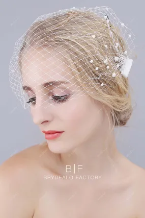 Hollywood Half Cut Pearls Bandeau Birdcage Veil Blusher Wedding Veil