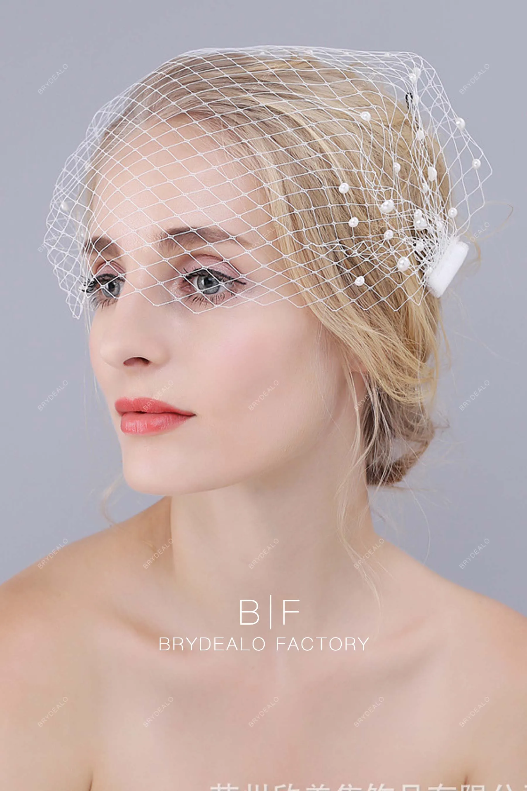 Hollywood Half Cut Pearls Bandeau Birdcage Veil Blusher Wedding Veil