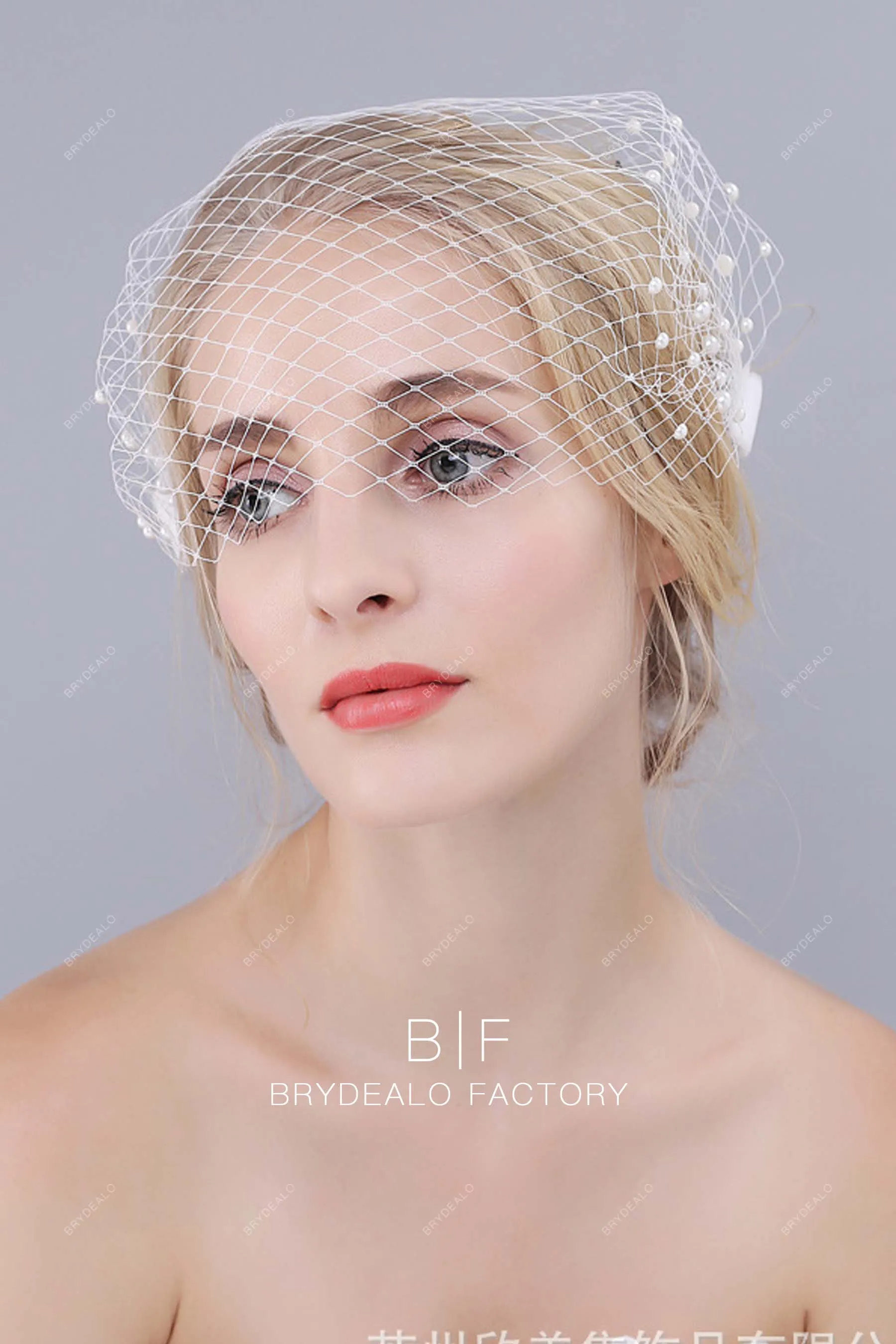 Hollywood Half Cut Pearls Bandeau Birdcage Veil Blusher Wedding Veil