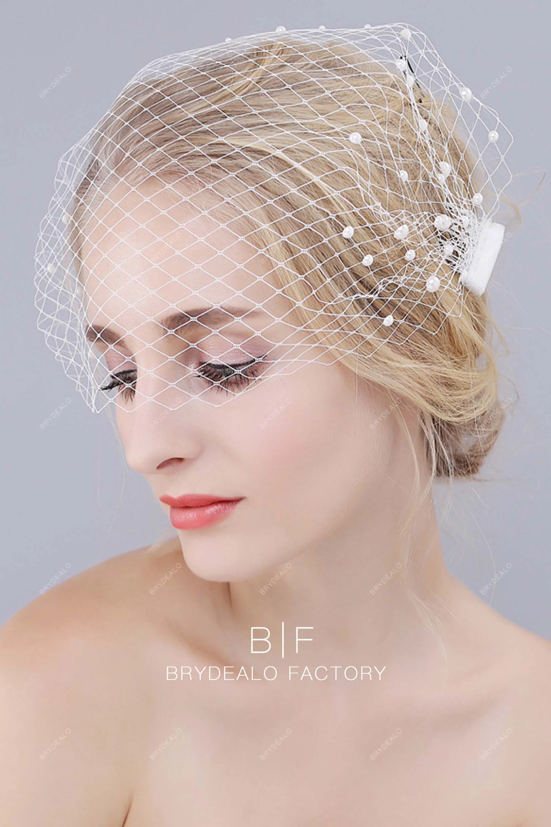 Hollywood Half Cut Pearls Bandeau Birdcage Veil Blusher Wedding Veil