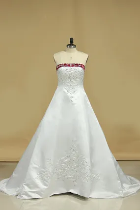 Hot Selling Wedding Dresses A Line Strapless Sweep/Brush Train Satin