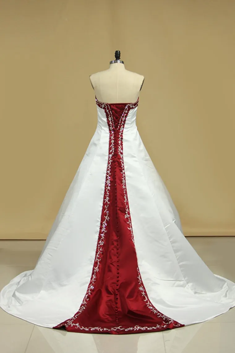 Hot Selling Wedding Dresses A Line Strapless Sweep/Brush Train Satin