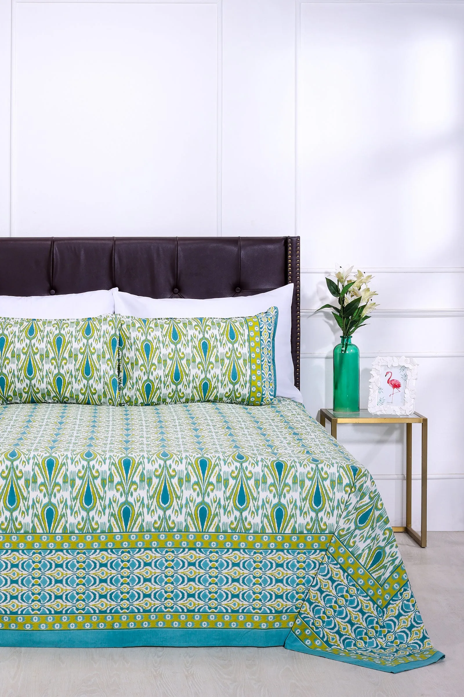 Ikkat Ivy Turqoise Cotton Bedsheet